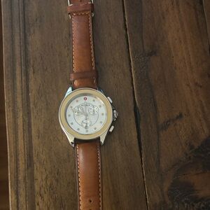 Michele Brown Leather Strap Watch with Silver Case